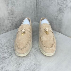 Loro Piana Beige Suede Loafers with Gold Detail